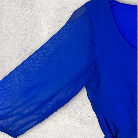 Sequin Hearts Lace Trim Blue Mini Dress Long Sleeve Size Medium Cinch Waist M - Picture 5 of 12